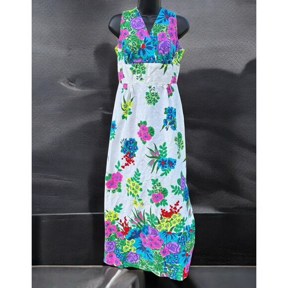 Unbranded Dresses & Skirts - Vintage 1970s Mod Day Glow Neon Floral Retro Maxi Dress Sz Med Sleeveless Groovy